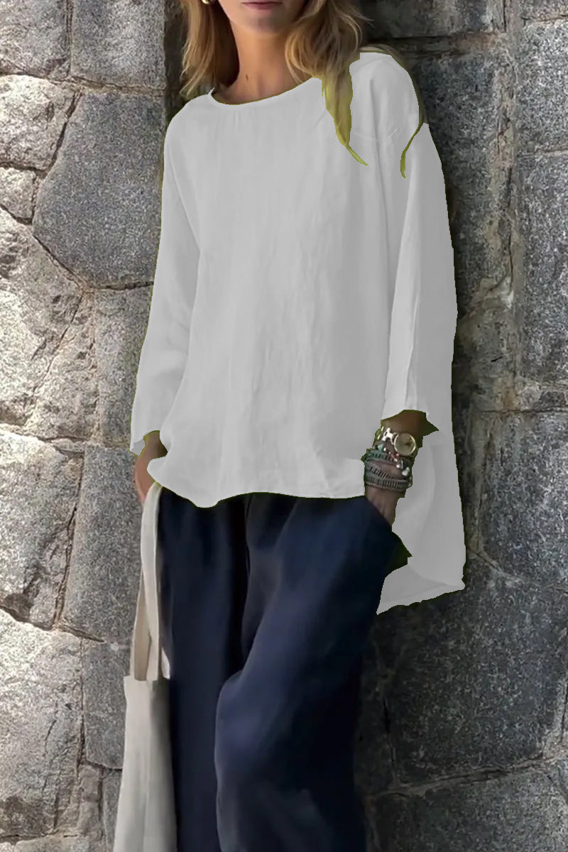 Women Solid color cotton and linen long sleeve shirt