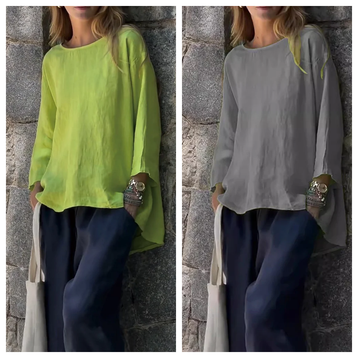 Women Solid color cotton and linen long sleeve shirt