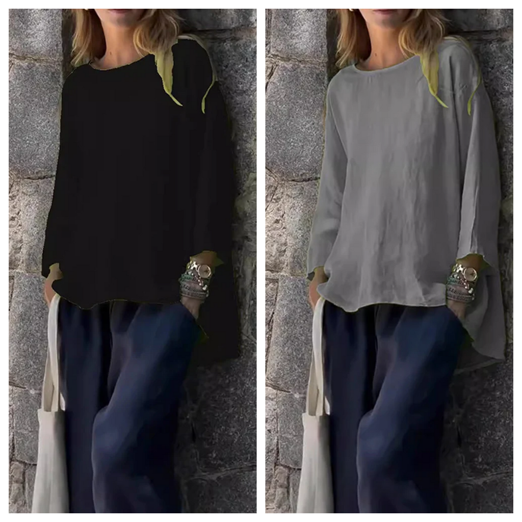 Women Solid color cotton and linen long sleeve shirt