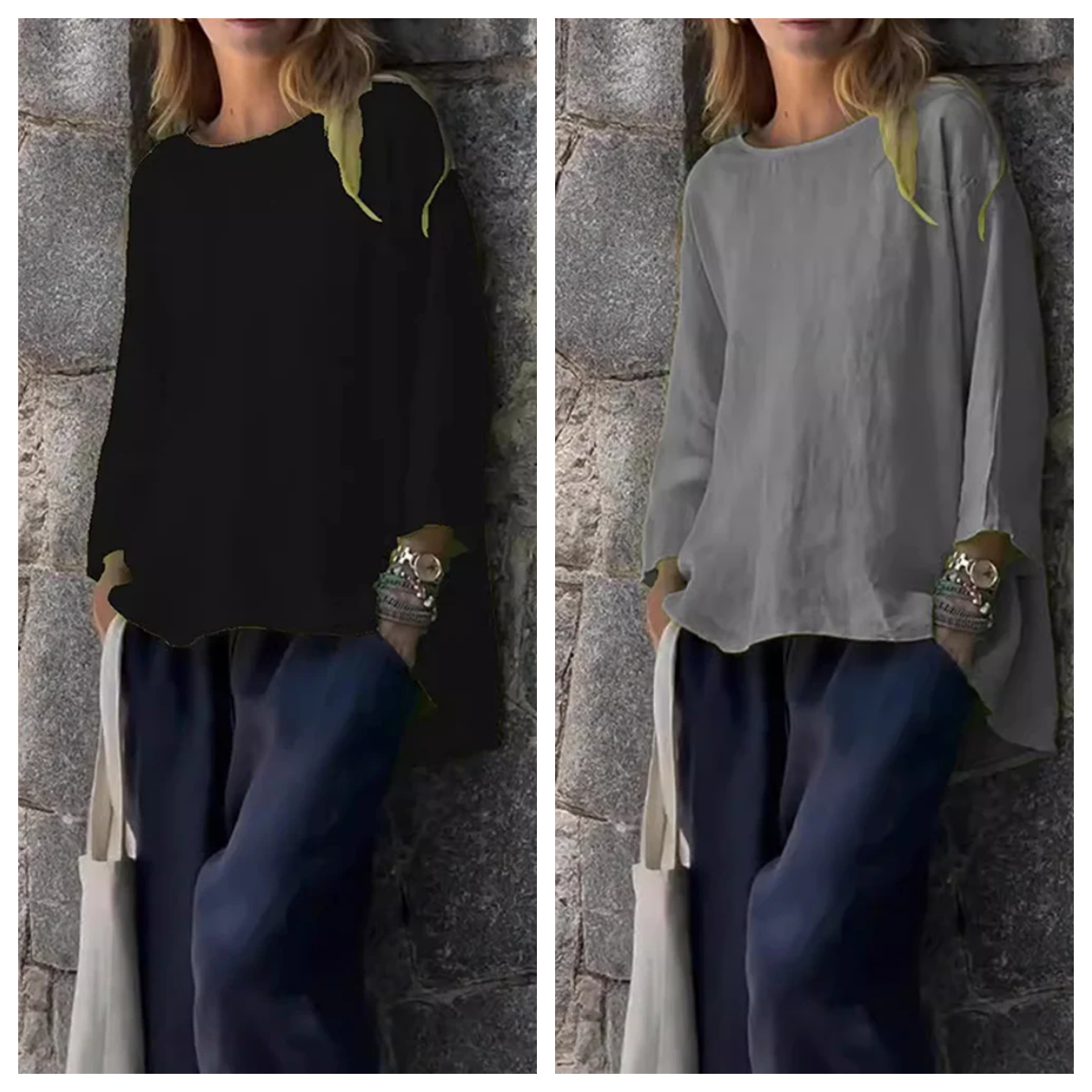 Women Solid color cotton and linen long sleeve shirt