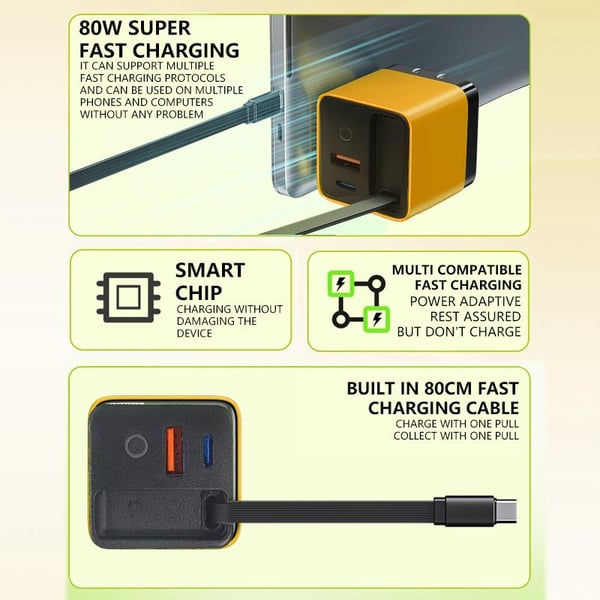 Ładowarka GaN 3 w 1, skalowalny moduł szybkiej ładowarki 80 W MAX z kablem typu C i 2 portami USB