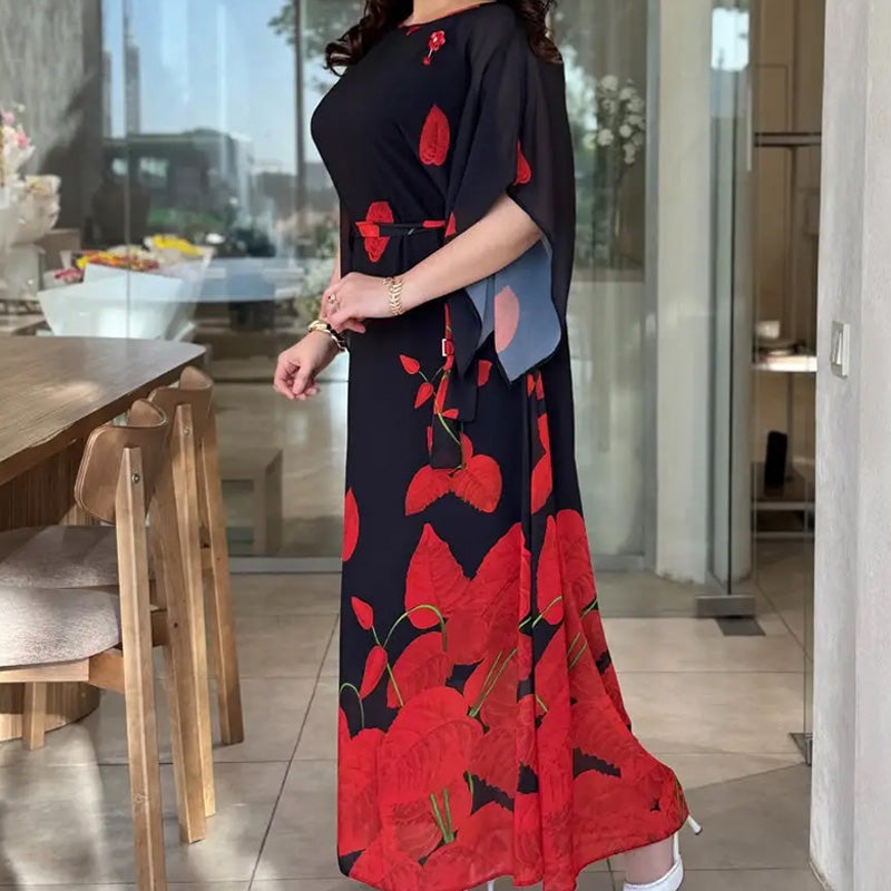 👗 Sukienka z falbankami i okrągłym dekoltem oraz paskiem 🌸 | Kwiatowy wzór | Regulowany krój