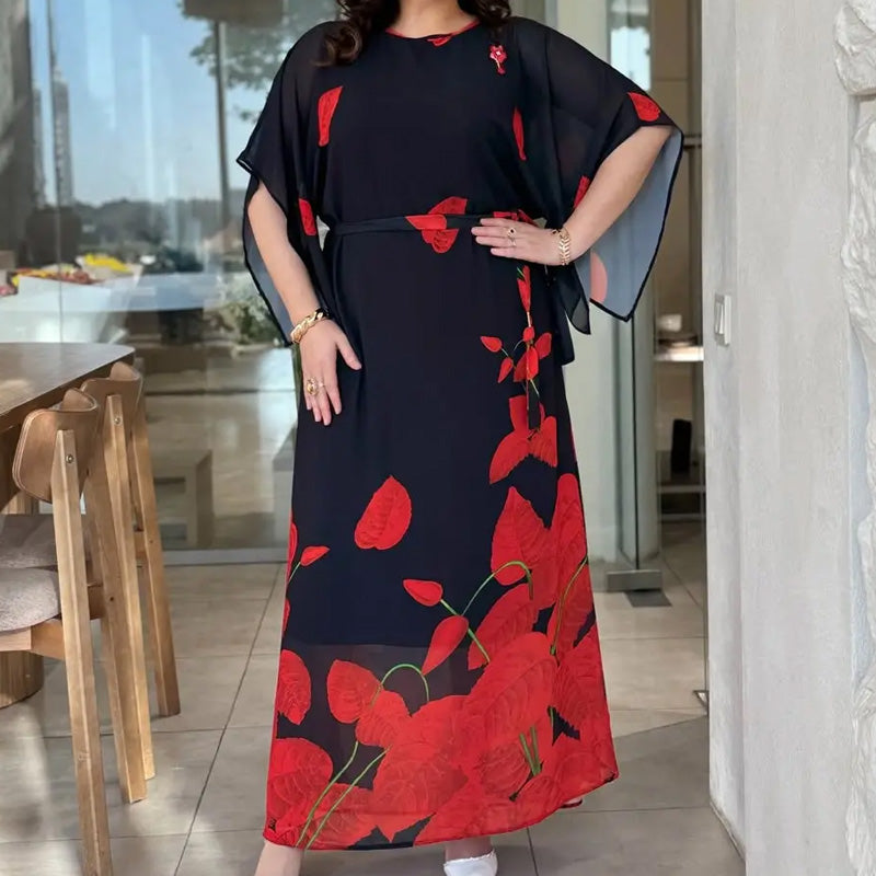 👗 Sukienka z falbankami i okrągłym dekoltem oraz paskiem 🌸 | Kwiatowy wzór | Regulowany krój