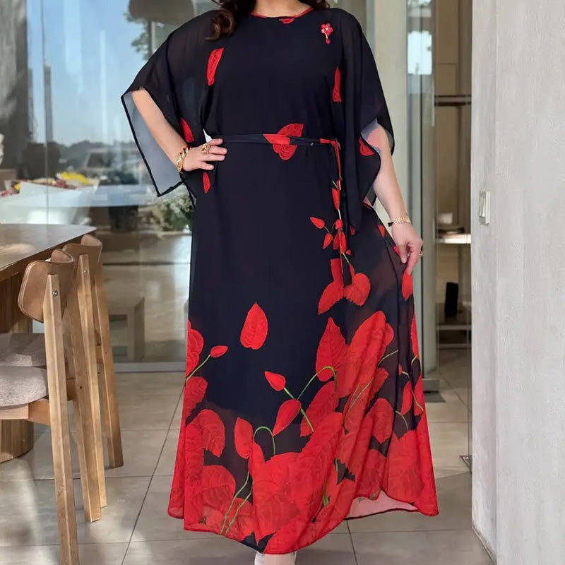 👗 Sukienka z falbankami i okrągłym dekoltem oraz paskiem 🌸 | Kwiatowy wzór | Regulowany krój