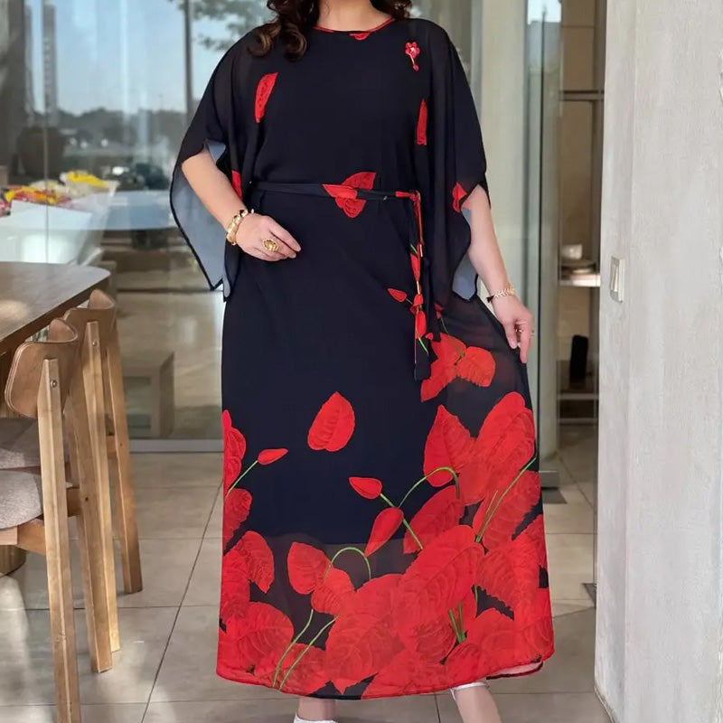 👗 Sukienka z falbankami i okrągłym dekoltem oraz paskiem 🌸 | Kwiatowy wzór | Regulowany krój
