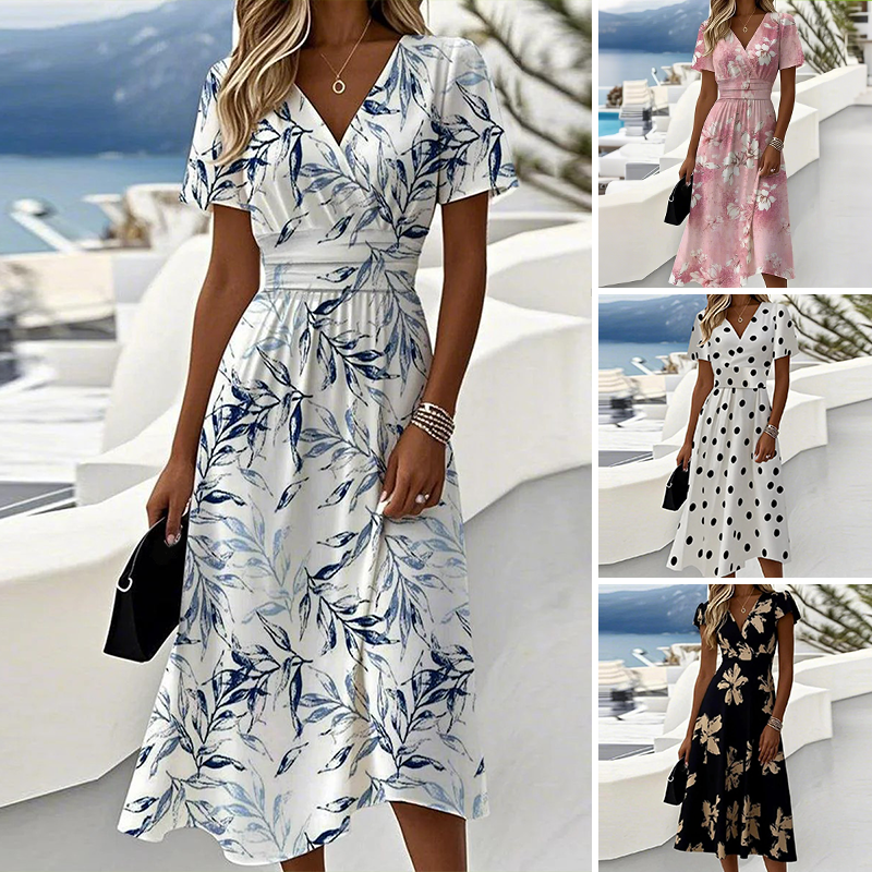 👗🔥Sukienka midi z dekoltem w szpic i nadrukiem Moda Damska💫